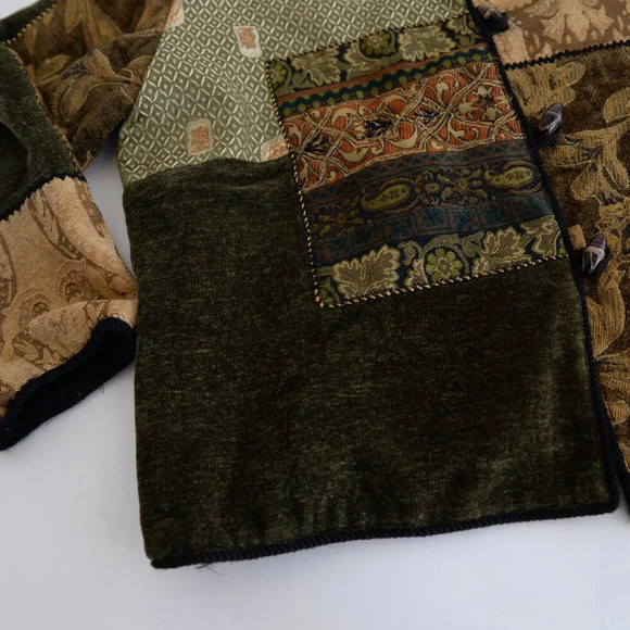 Vintage Allure Olive Green Brown Patchwork Tapestry Button Up Jacket M - Picture 8 of 11